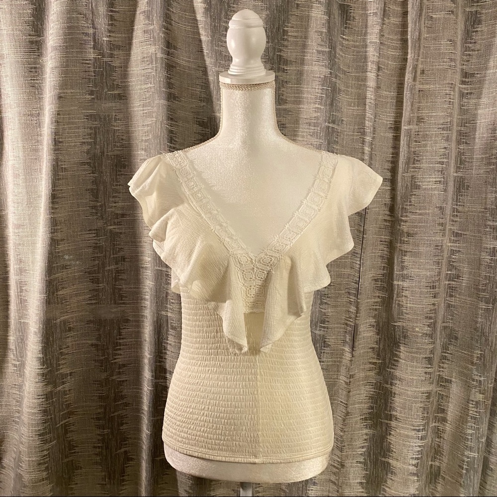EXPRESS Ivory ruffle top with lace v-neckline